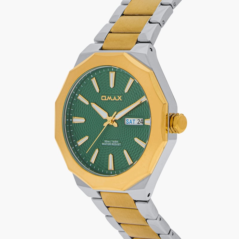 Omax Men's Green Dial Watch with Gold and Silver Band - Image 4
